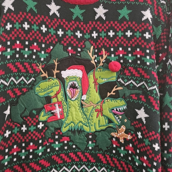 Oversized 33 degrees green redvelociraptor santa reindeer ugly Christmas sweater - Picture 2 of 4